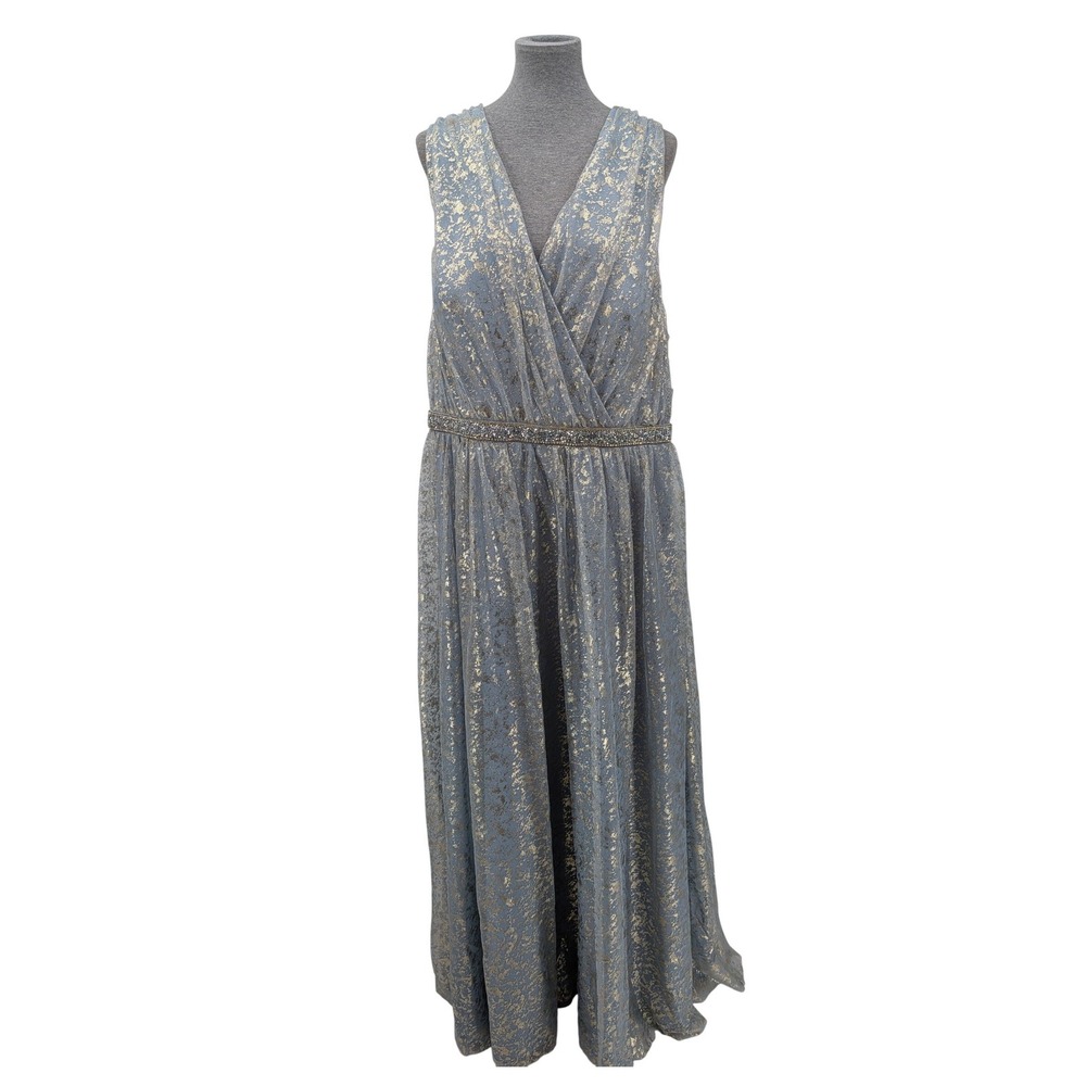 Prom Wedding Fairy Elegant Icy Blue Gold Metallic David's Bridal Maxi 21 Dress - Picture 2 of 12